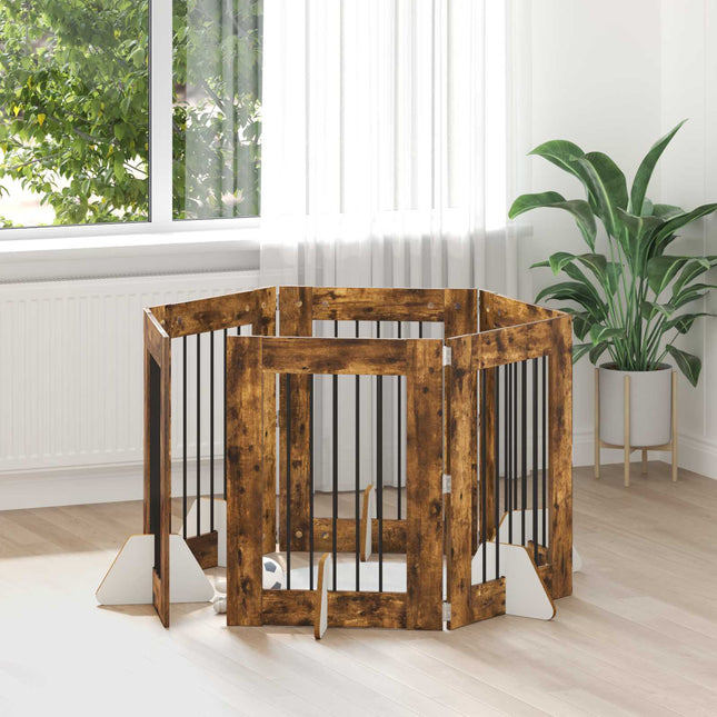 Sammenklappelig hundegitter med stativer 6 pcs Røget eg 362 cm
