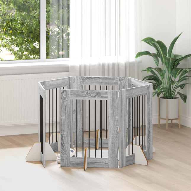 Sammenklappelig hundegitter med stativer 6 pcs Grå sonoma-eg