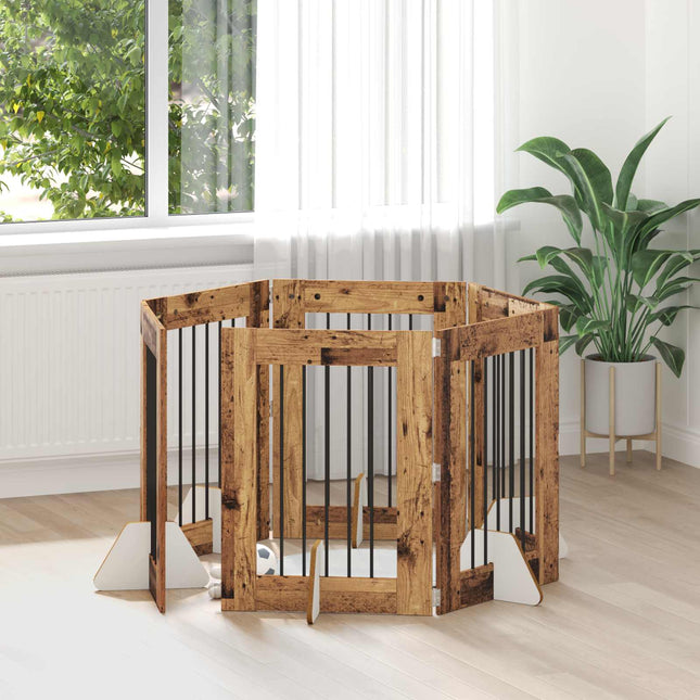 Sammenklappelig hundegitter med stativer 6 pcs Gammelt træ