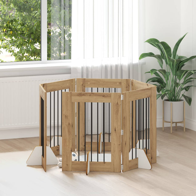 Sammenklappelig hundegitter med stativer 6 pcs Artisan-eg