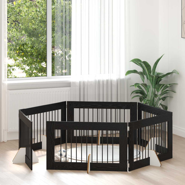 Sammenklappelig hundegitter med stativer 6 pcs Sort eg 602 cm