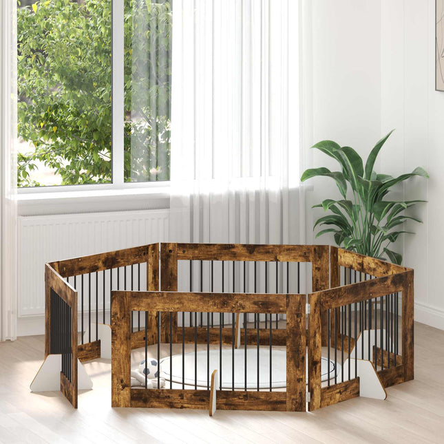 Sammenklappelig hundegitter med stativer 6 pcs Røget eg 602 cm