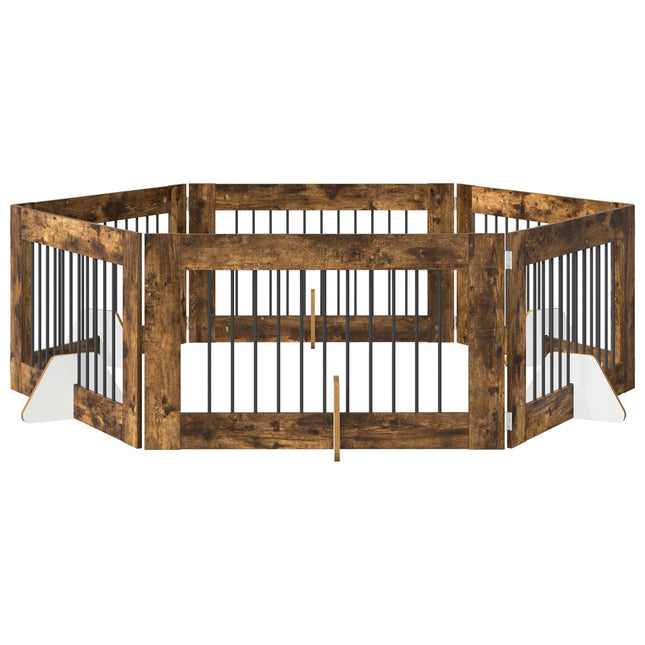 Sammenklappelig hundegitter med stativer 6 pcs Røget eg 602 cm