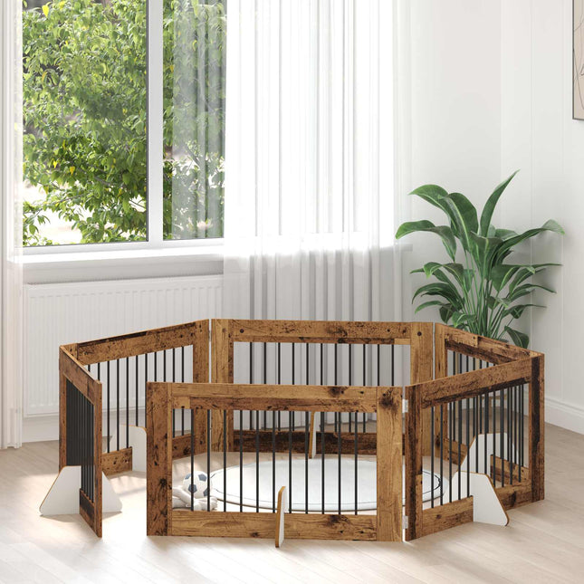 Sammenklappelig hundegitter med stativer 6 pcs Gammelt træ