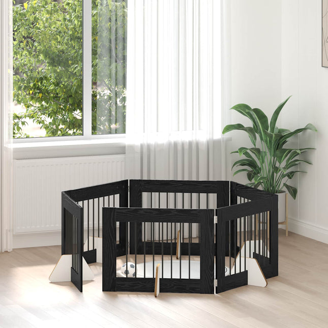 Sammenklappelig hundegitter med stativer 6 pcs Sort eg 482 cm