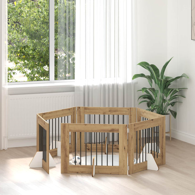 Sammenklappelig hundegitter med stativer 6 pcs Artisan-eg