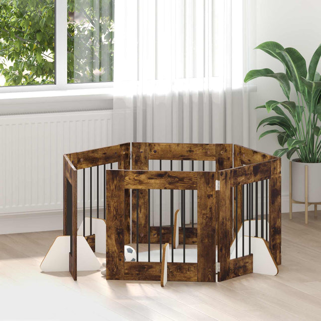 Sammenklappelig hundegitter med stativer 6 pcs Røget eg 362 cm