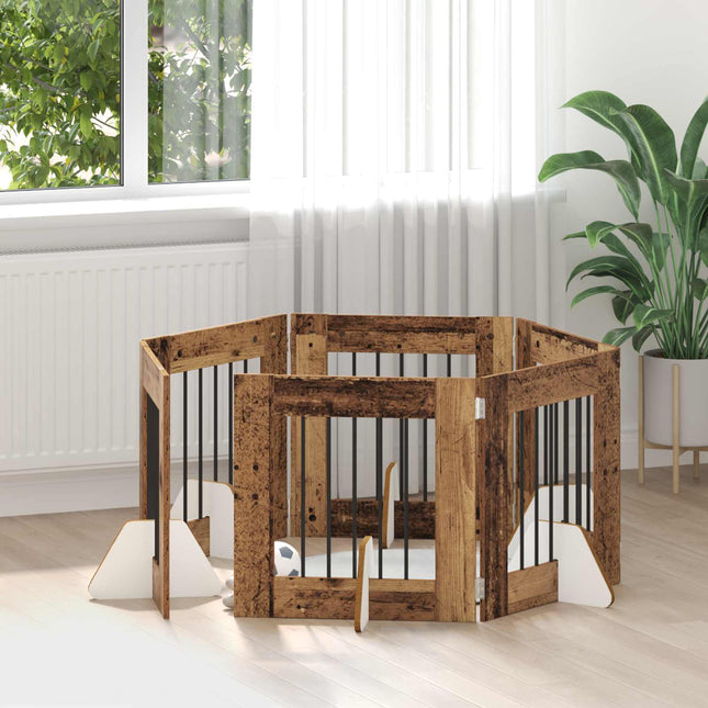 Sammenklappelig hundegitter med stativer 6 pcs Gammelt træ