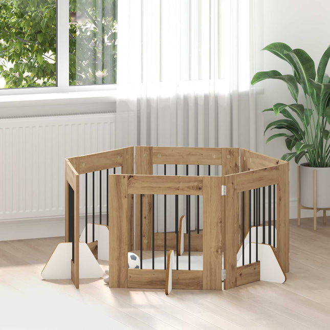 Sammenklappelig hundegitter med stativer 6 pcs Artisan-eg