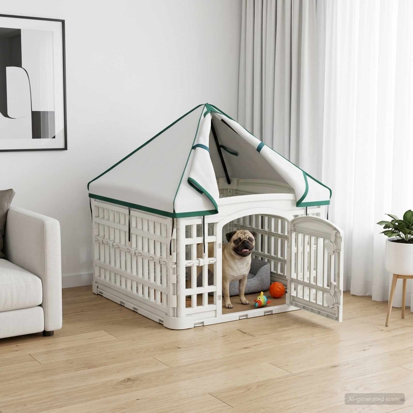 Hundeløbegård med tag - 4 paneler, hvid, 63 × 63 × 67 cm, plastik