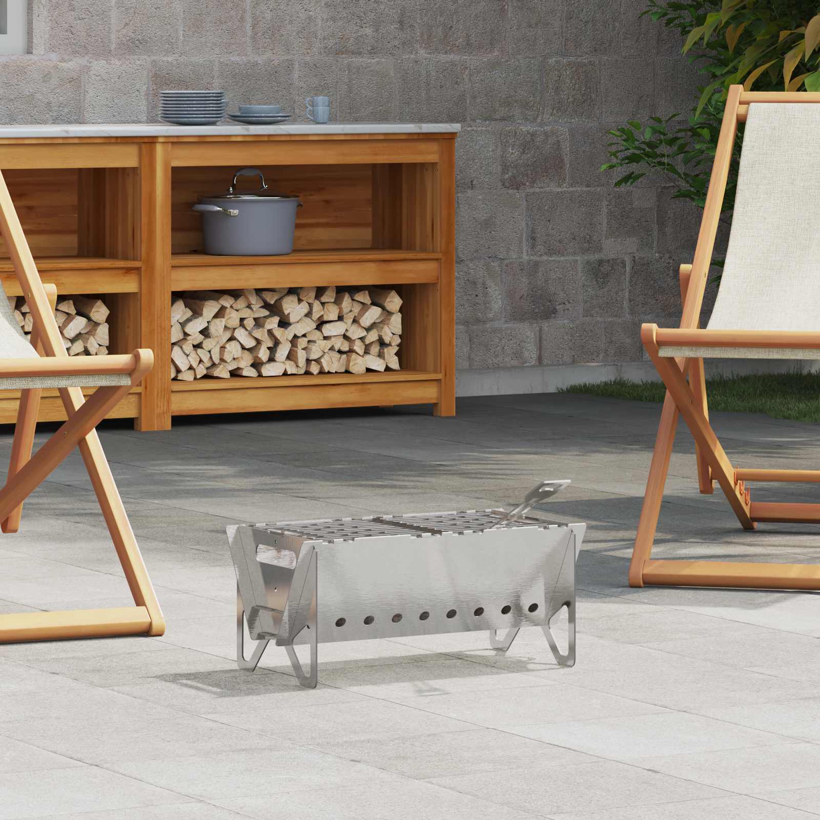 Camping bålplads med grillrist 42 x 22 x 18 cm i rustfrit stål - sølv