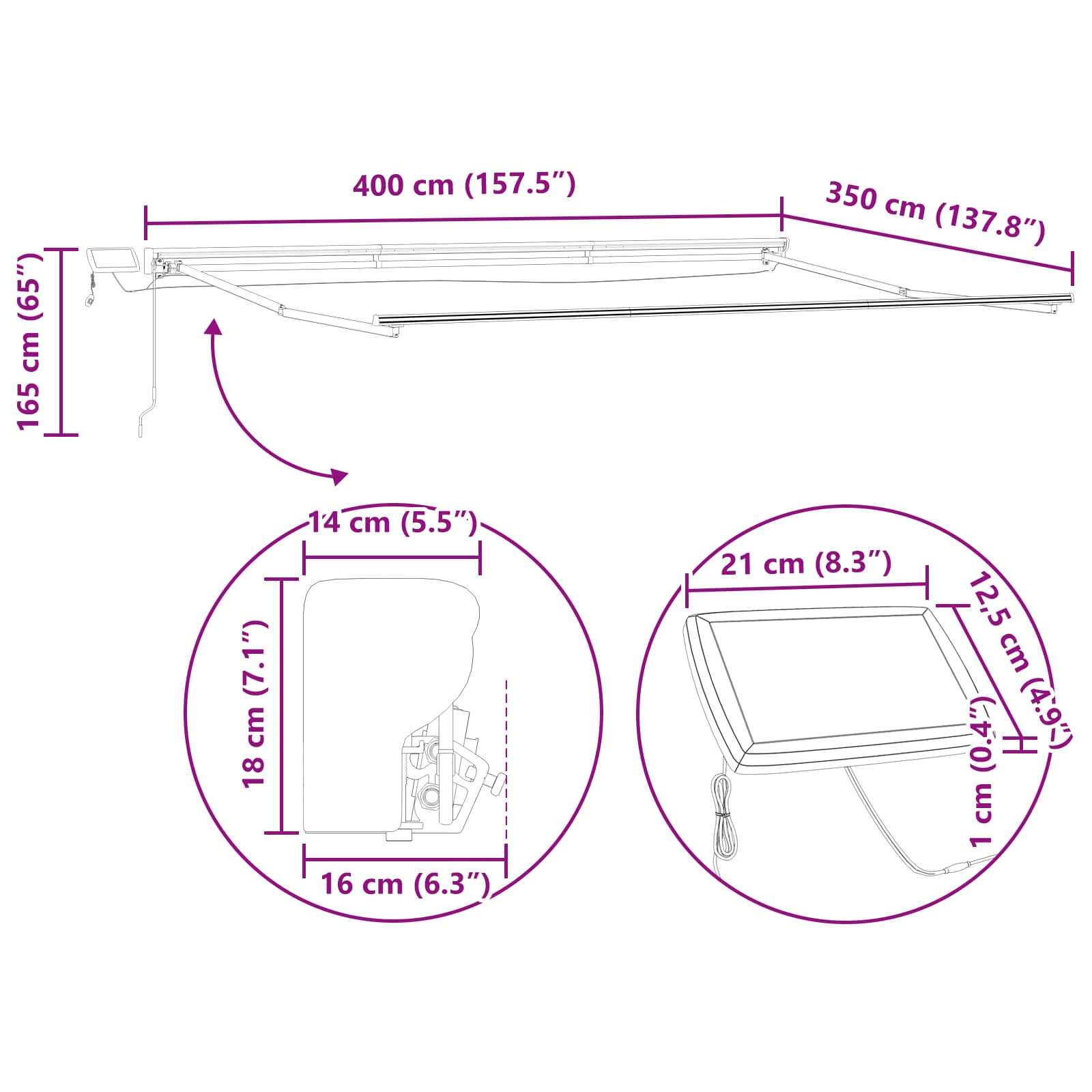 Manuel markise-ramme med LED-lys Antracit 4 × 3,5 m Aluminium