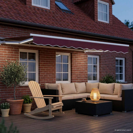 Manuel markise-ramme med LED-lys Bordeaux og Hvid 3,5 x 2 m