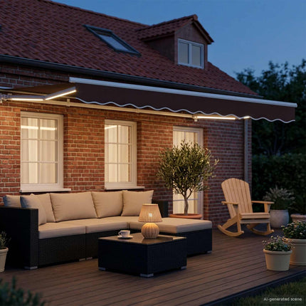 Manuel markise-ramme med LED-lys Brun og hvid 3,5 x 2 m