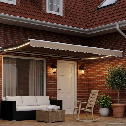 Manuel markise-ramme med LED-lys Beige og hvid 5 x 3 m