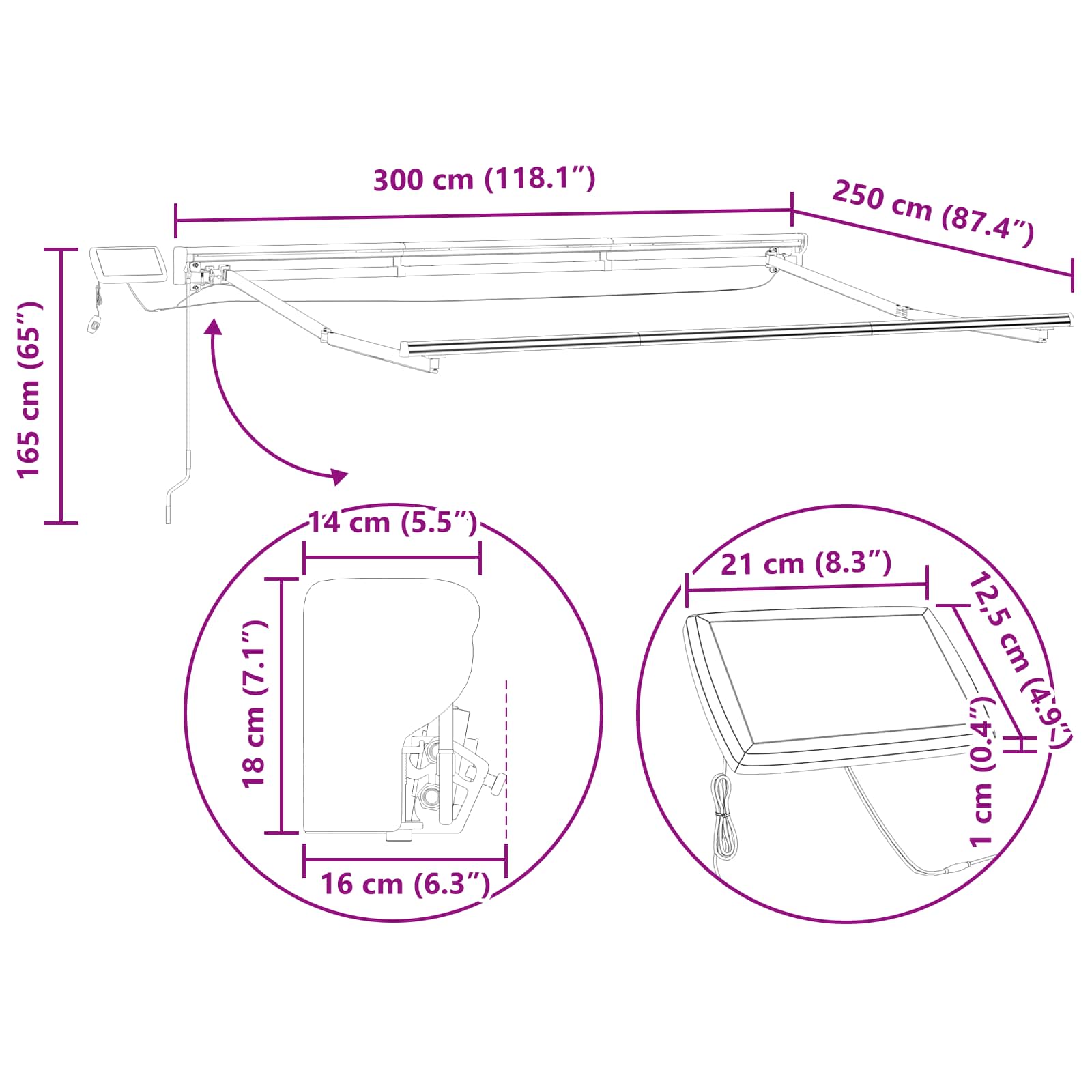 Manuel markise-ramme med LED-lys 3 x 2,5 m