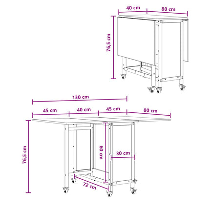 Foldbart spisebord med hjul 130 x 80 x 76,5 cm Konstrueret træ
