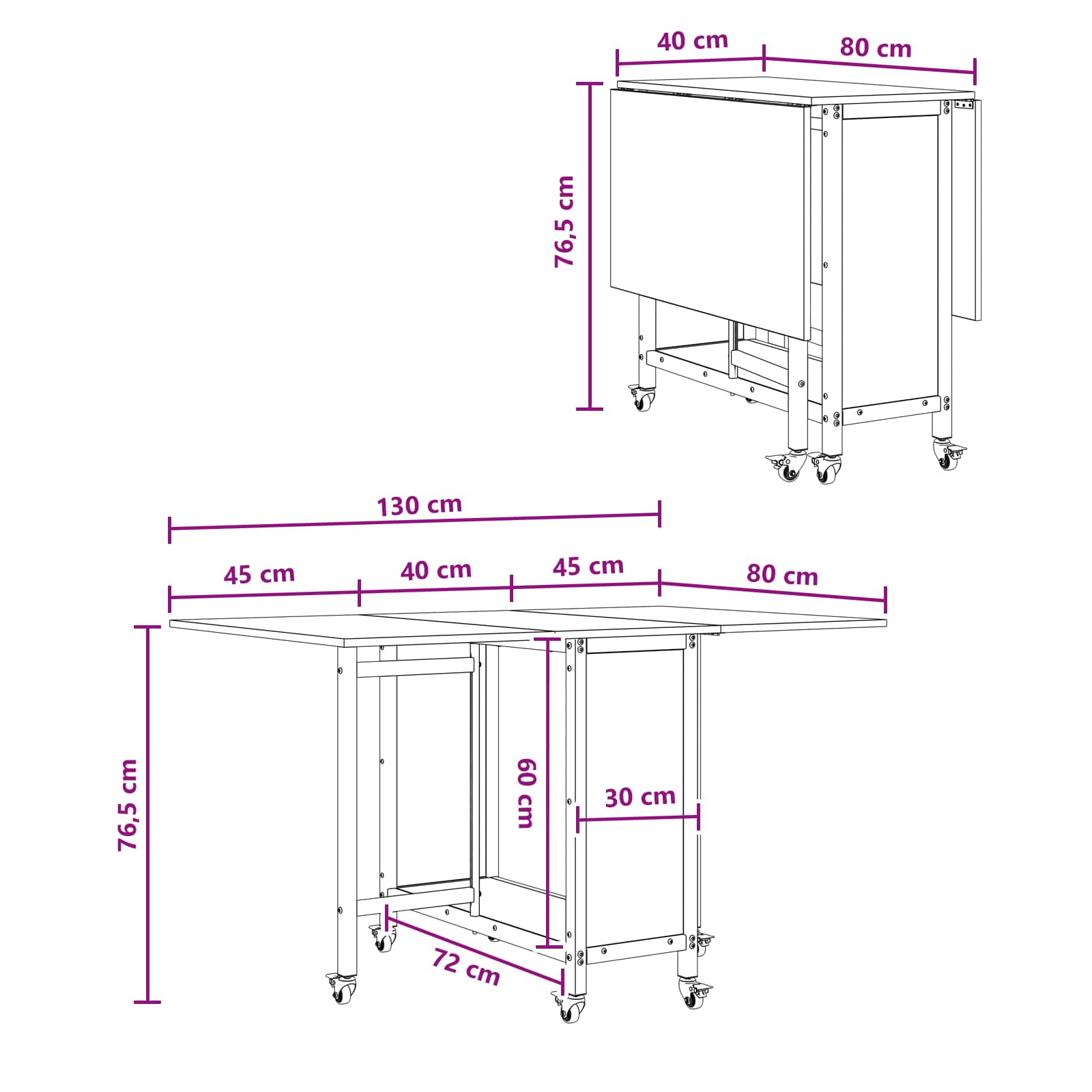 Foldbart spisebord med hjul 130 x 80 x 76,5 cm stål PB