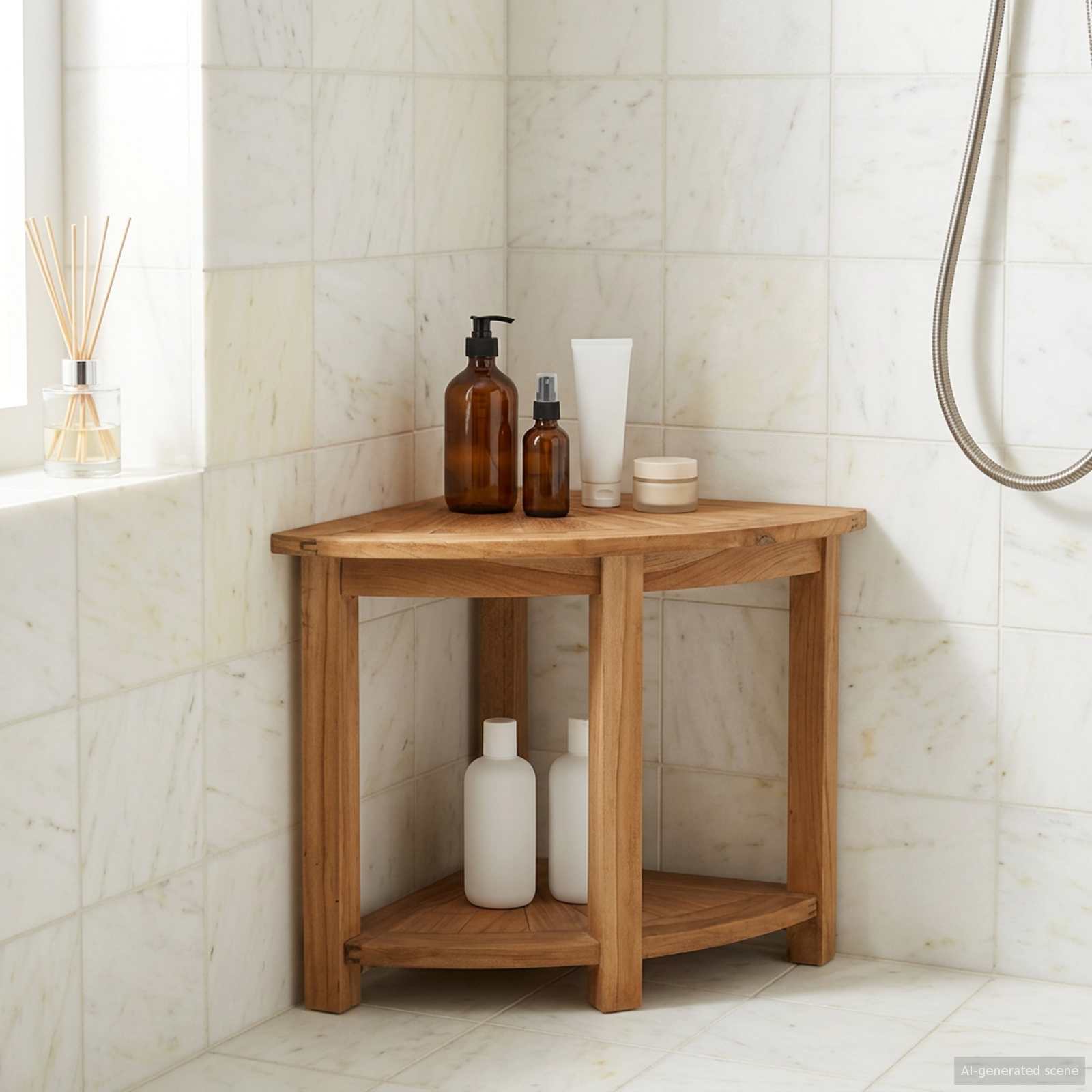 Hjørne sidebord til badeværelse i massiv teak - natur, 45 × 45 × 46 cm