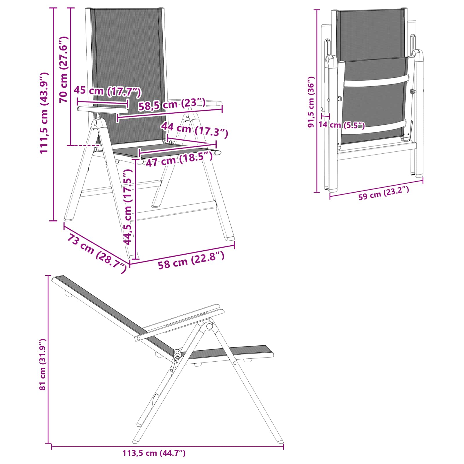 Lænestole til haven 2 pcs Sort 58 x 73 x 111,5 cm Textilene