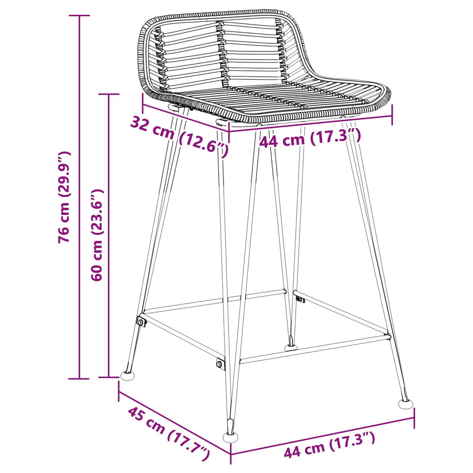 Barbænk 2 pcs Naturfarvet 44 x 45 x 76 cm Rattan og Stål
