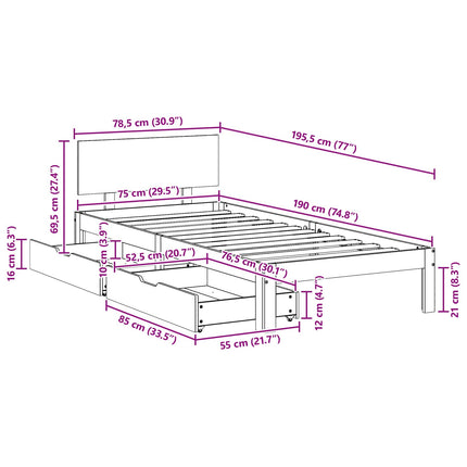 Sengestel med hovedgærde Voks brun 70 x 190 cm Massivt fyrretræ