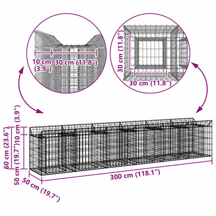 Gabion højbed 2 stk. 300 x 50 x 60 cm Galvaniseret stål Sølv