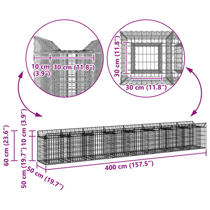 Gabion højbed 2 stk. 400 x 50 x 60 cm Galvaniseret stål Sølv
