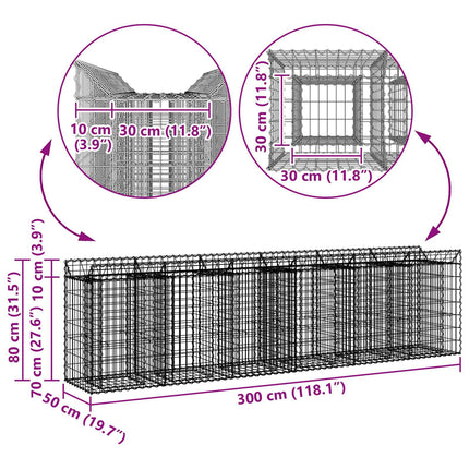 Gabion højbed 2 stk. 300 x 50 x 80 cm Galvaniseret stål Sølv