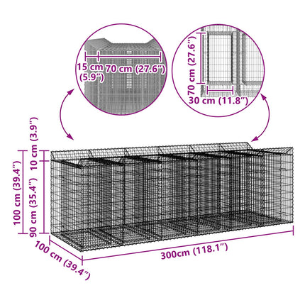 Gabion højbed 3 stk. 300 x 100 x 100 cm Galvaniseret stål Sølv