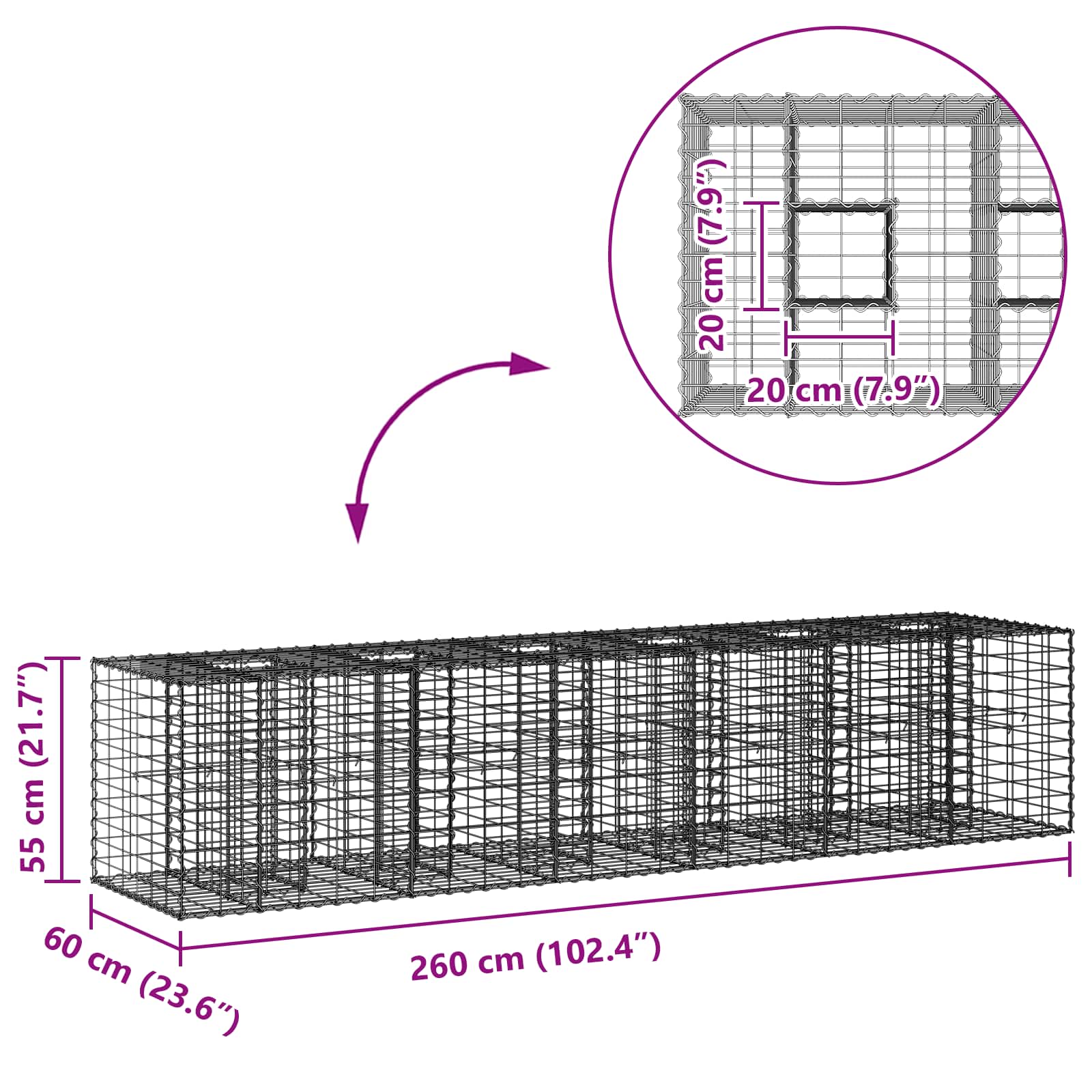 Gabion højbed 2 pcs Sølv 260 x 60 x 55 cm Galvaniseret stål