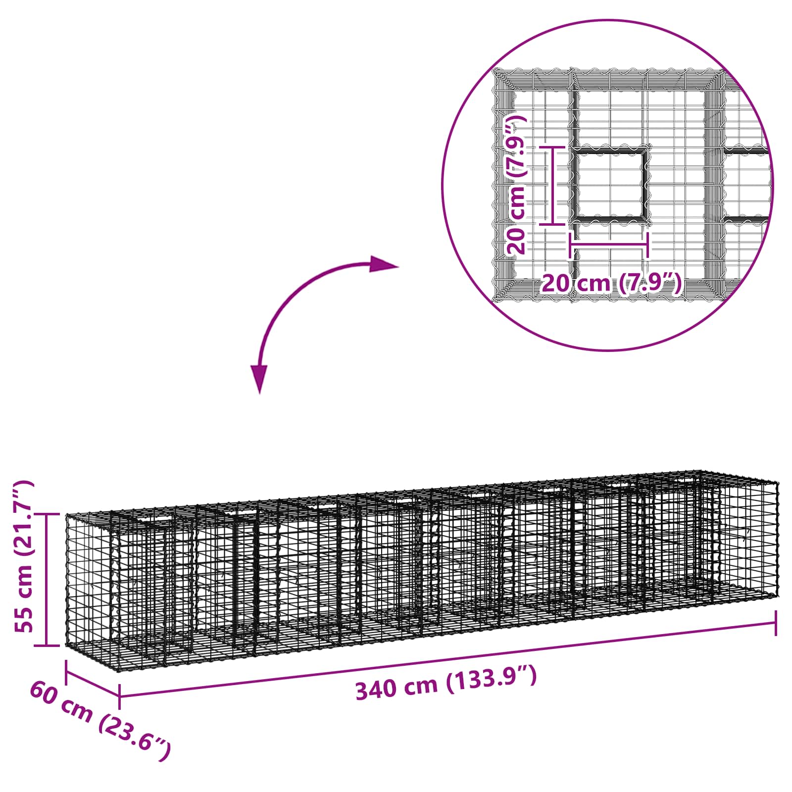 Gabion højbed 2 pcs Sølv 340 x 60 x 55 cm Galvaniseret stål