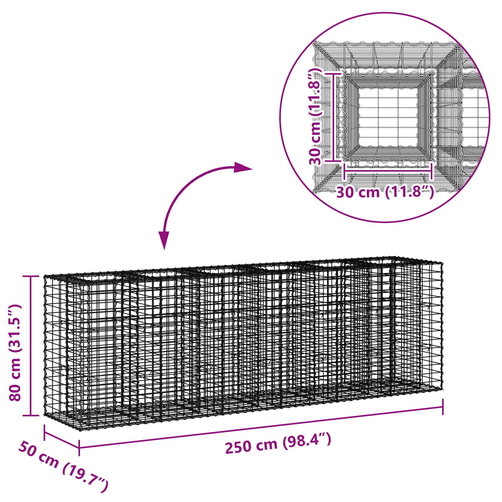 Gabion højbed 2 pcs Sølv 250 x 50 x 80 cm Galvaniseret stål