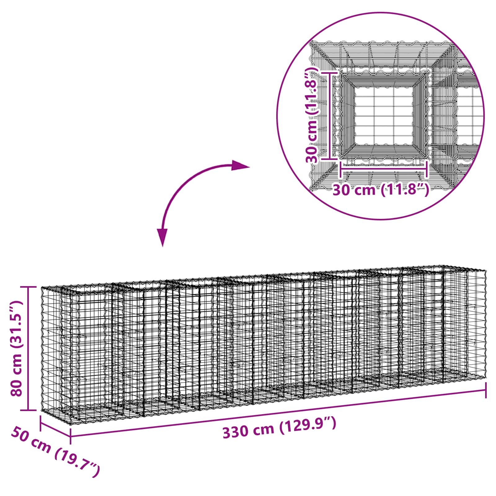 Gabion højbed 2 pcs Sølv 330 x 50 x 80 cm Galvaniseret stål