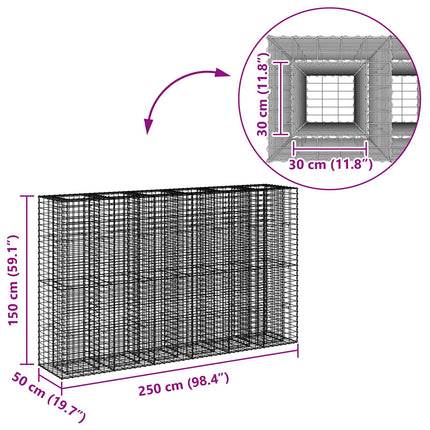 Gabion højbed 3 stk. 250 x 50 x 150 cm Galvaniseret stål Sølv