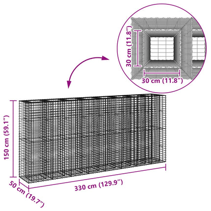 Gabion højbed 4 stk. 330 x 50 x 150 cm Galvaniseret stål Sølv