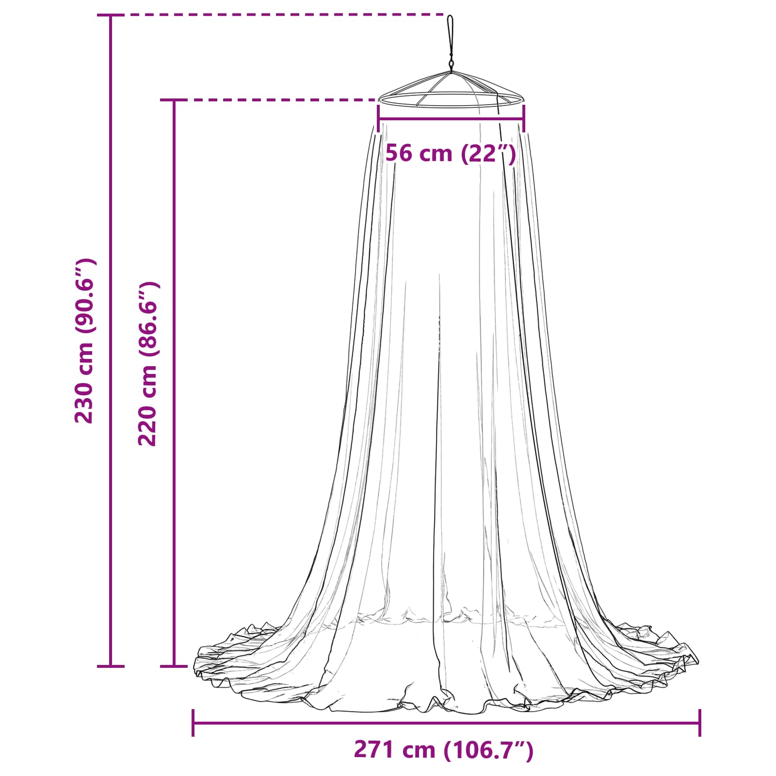 Myggenet til seng 156 mesh 156 mesh Sort Ø56 x 220 cm Polyester