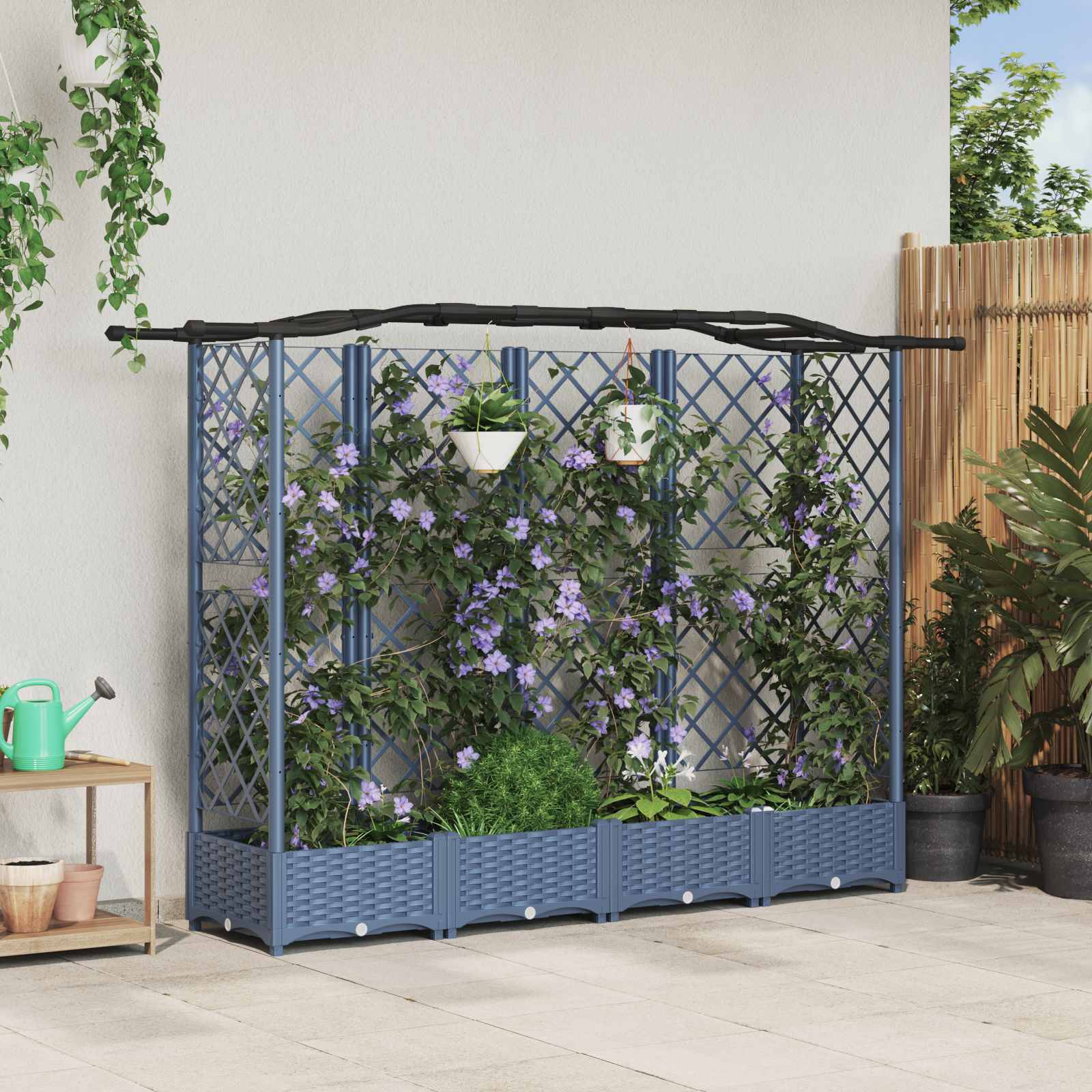 Hævet Bed med Trellis og Tag Grå 203,5 x 40 x 125 cm PP
