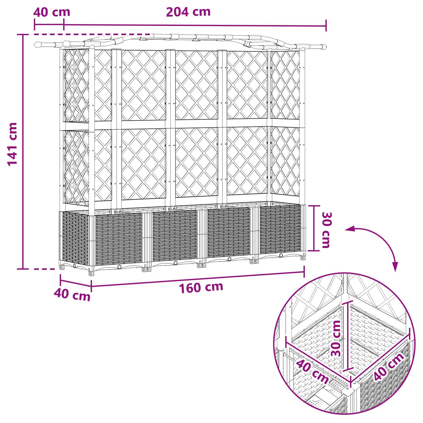 Hævet Bed med Trellis og Tag Grå 204 x 40 x 141 cm PP
