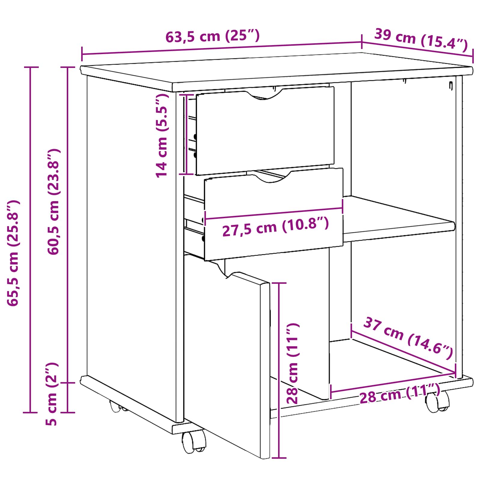 Rullende skab Brun 63,5 x 39 x 65,5 cm Massivt fyrretræ