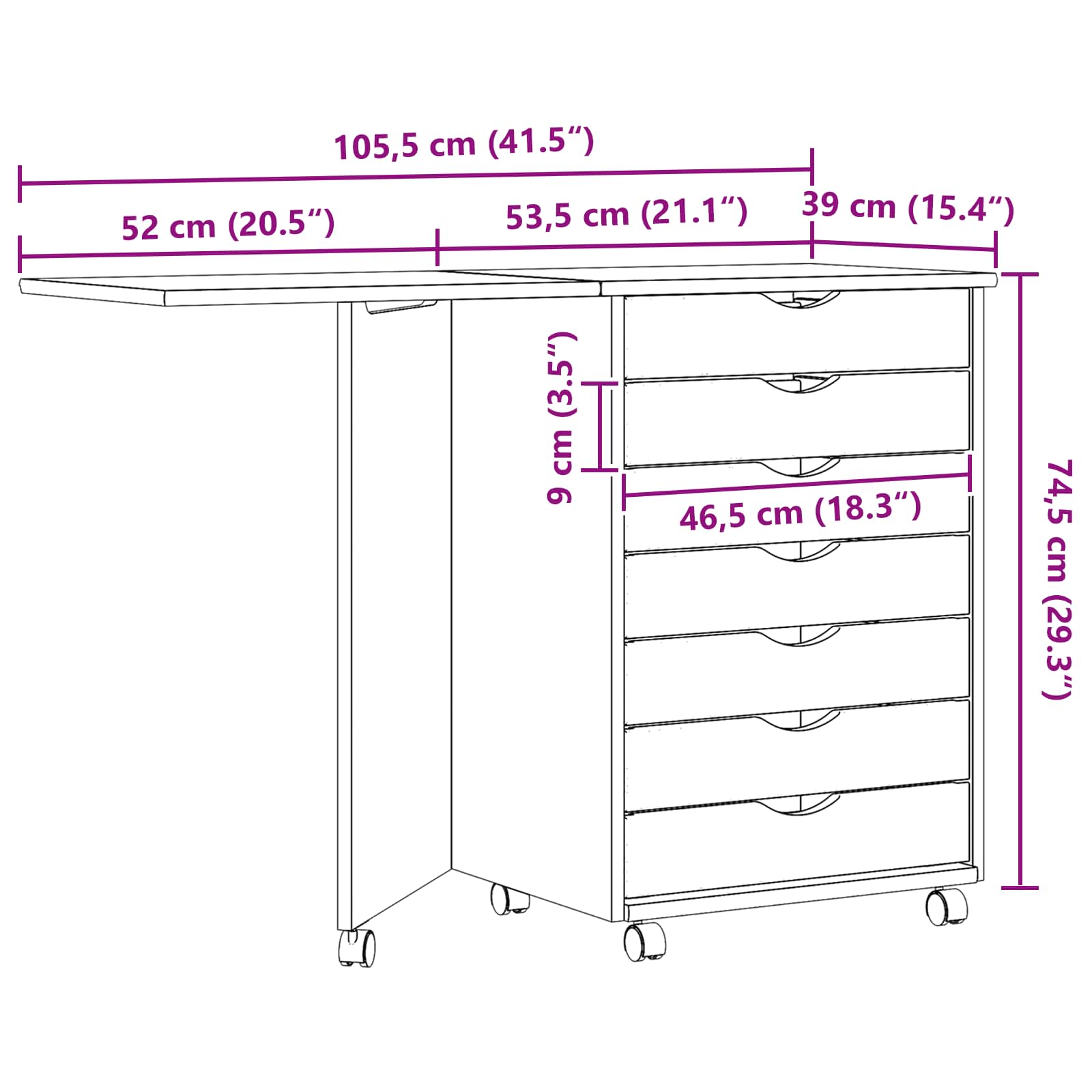 Rulleskab med skrivebord MOSS Klar lak 105,5 x 39 x 74,5 cm