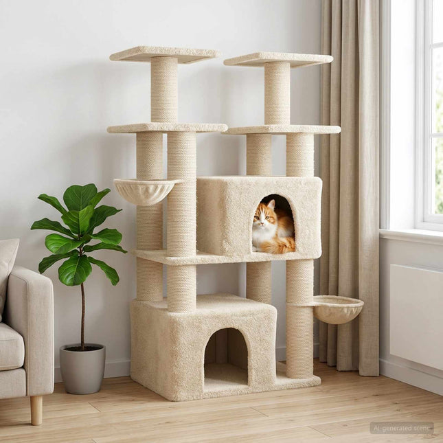Kattetræ med sisal klatreposter Cremefarvet 147 cm 2 stk.