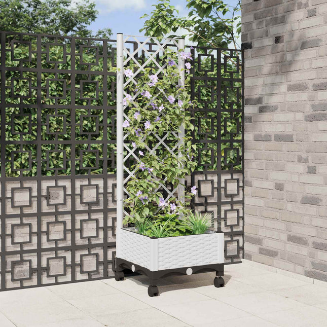 Haveplantekasse med espalier og hjul Hvid 40 x 40 x 131,5 cm PP