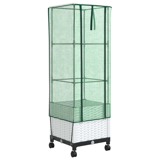 Haveplantekasse med drivhusdække og hjul Hvid 40 x 40 x 145 cm