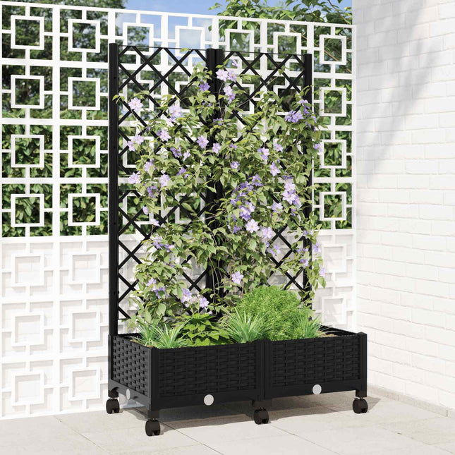 Haveplantekasse med espalier og hjul Sort 80 x 40 x 131,5 cm PP