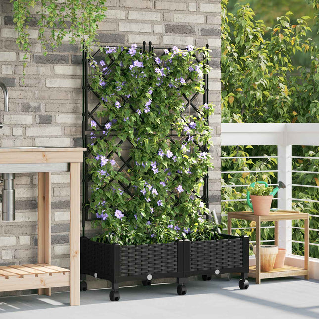 Haveplantekasse med espalier og hjul 2 stk. Sort PP