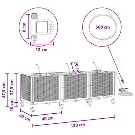 Havekrukke med vanding og hjul 3 stk. Grå 120 x 40 x 43,5 cm PP