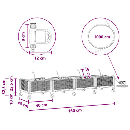 Havekrukke med vanding og hjul 4 stk. Sort 160 x 40 x 28 cm PP