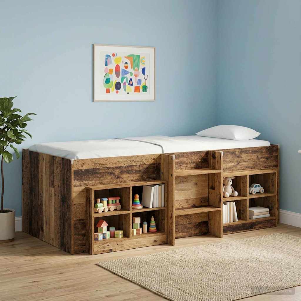 Børneseng med loft og stige - høj seng 90 x 200 cm, gammelt træ (2 stk)