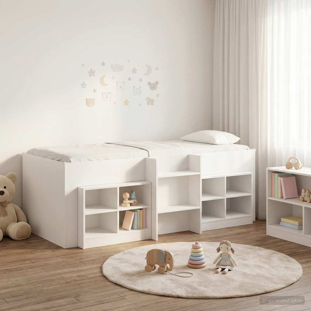Loft seng ramme med skab med hylde 3 pcs Hvid Konstrueret træ